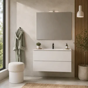 Conjunto de mueble de baño suspendido Cairo dos cajones con lavabo porcelanico Onix, en blanco con espejo