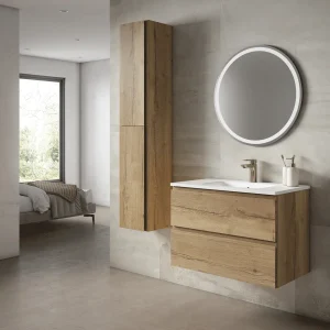 Mueble de baño suspendido Coral con lavabo de porcelana, en madera, ambientado en baño