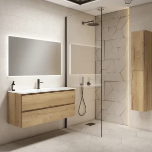 Mueble de baño suspendido Coral con lavabo de porcelana, en madera con espejo y columna