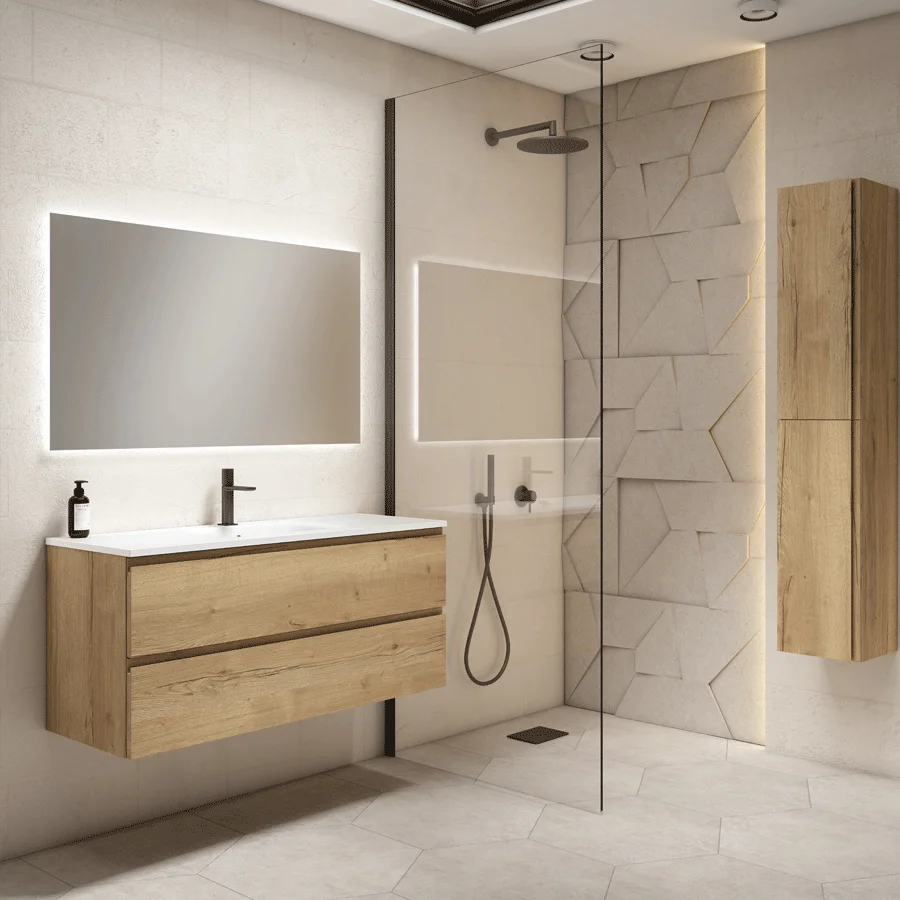 Mueble de baño suspendido Coral con lavabo de porcelana, en madera con espejo y columna