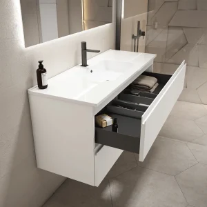 Mueble de baño suspendido Coral con lavabo de porcelana, con cajón abierto en blanco