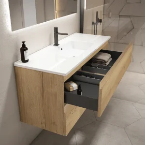 Mueble de baño suspendido Coral con lavabo de porcelana, con cajón abierto en madera
