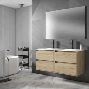 Mueble de baño suspendido Jade de 120 cm con doble lavabo de porcelana y tirador uñero