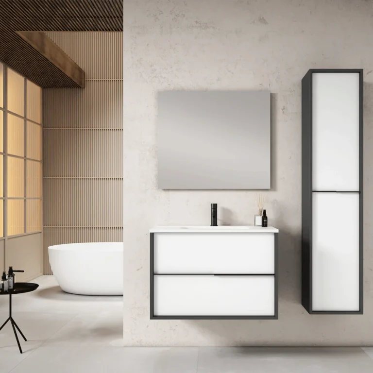 Mueble de baño suspendido Doly con lavabo de porcelana, en blanco con marco negro y columna