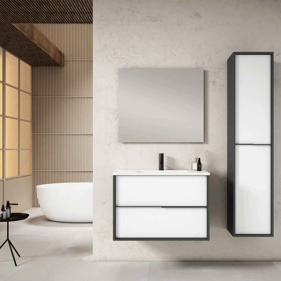 doly-2 Mueble de baño suspendido Doly con lavabo de porcelana, en blanco con marco negro y columna