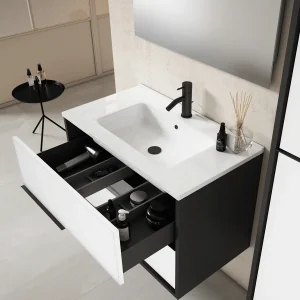 Mueble de baño suspendido Doly con lavabo de porcelana, con cajón abierto en blanco