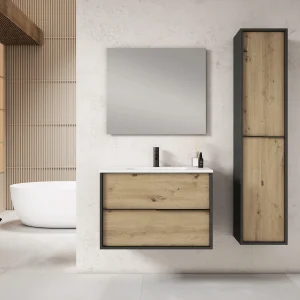 Columna auxiliar de baño suspendido Doly con dos puertas, costado y tirador en antracita, ambientado en baño