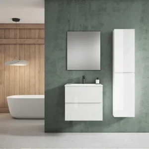 Mueble de baño suspendido Esencial con lavabo de porcelana, en blanco, ambientado en baño