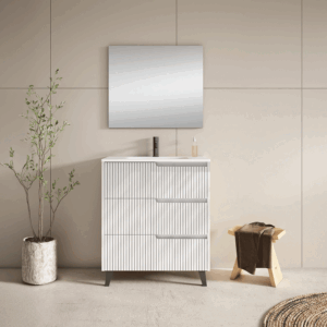 Mueble de baño Ezio con lavabo de porcelana y tres cajones con patas en negro