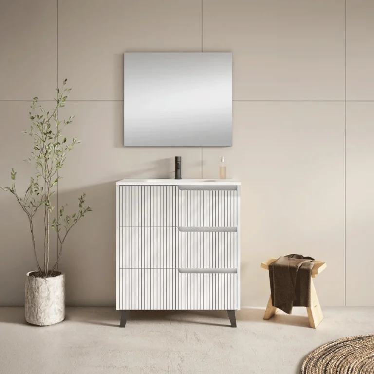 Mueble de baño Ezio con lavabo de porcelana y tres cajones con patas en negro, en blanco ranurado con patas
