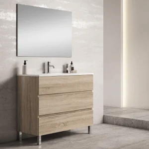 Mueble de baño Esencial con lavabo porcelánico, en madera, ambientado en baño