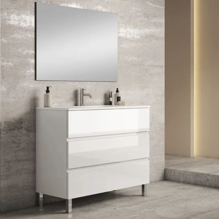 Mueble de baño Esencial con lavabo porcelánico, en blanco con patas y espejo