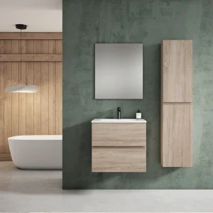 Mueble de baño suspendido Esencial con lavabo de porcelana, en madera, ambientado en baño