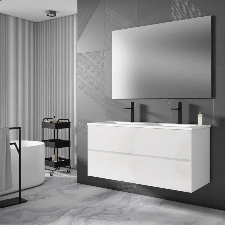 Mueble de baño suspendido Esencial de gran capacidad con doble lavabo, en blanco con doble lavabo y espejo