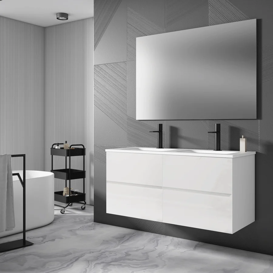 Mueble de baño suspendido Esencial de gran capacidad con doble lavabo, en blanco con doble lavabo y espejo