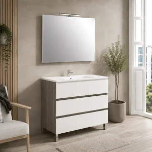 Conjunto de mueble Brasilia con tres cajones y lavabo porcelánico, en blanco, ambientado en baño, vista 3