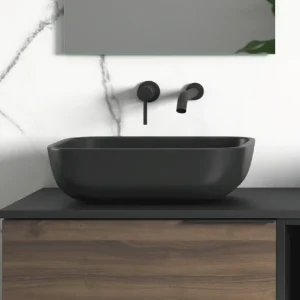 Lavabo de microcemento Laila para cuartos de baño, en negro, ambientado en baño