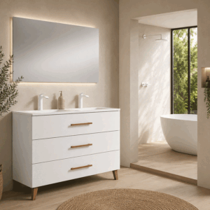Mueble de baño Fusta con doble lavabo de porcelana, tres cajones y diseño con patas - Imagen 5