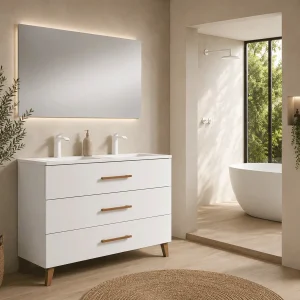 Mueble de baño Fusta con doble lavabo de porcelana, tres cajones y diseño con patas, en blanco, ambientado en baño, vista 5