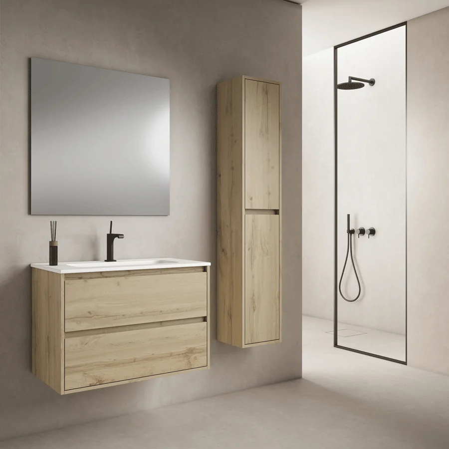 Mueble de baño suspendido Jade con lavabo de porcelana y tirador uñero, en madera con espejo y columna