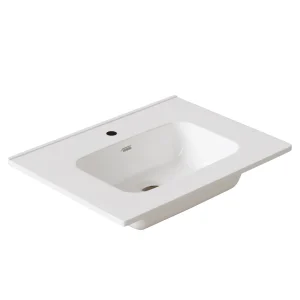 Conjunto de mueble de baño Bohe tres cajones con patas y lavabo porcelánico Marte, detalle del lavabo en blanco