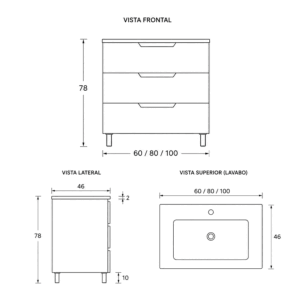 Conjunto de mueble de baño Bohe tres cajones con patas y lavabo porcelánico Marte - Imagen 5