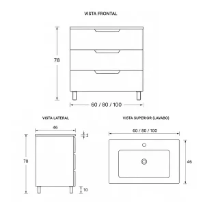 Conjunto de mueble de baño Bohe tres cajones con patas y lavabo porcelánico Marte, plano con medidas