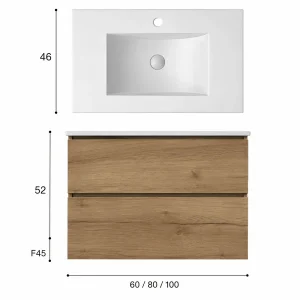 Conjunto de mueble de baño suspendido Cairo dos cajones con lavabo porcelanico Onix, plano con medidas