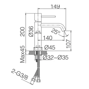 Grifo monomando de lavabo Monza Imex, plano con medidas