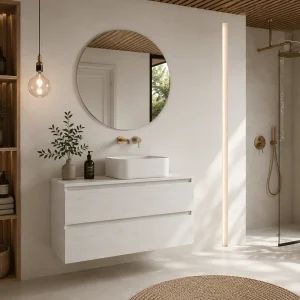 Conjunto de mueble de baño suspendido Saturno con dos cajones y lavabo sobre encimera, en blanco, ambientado en baño