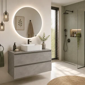 Conjunto de mueble de baño suspendido Saturno con dos cajones y lavabo sobre encimera, en gris, ambientado en baño