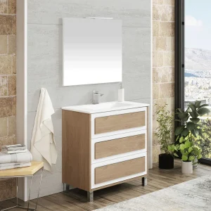 Conjunto de mueble Montana tres cajones con lavabo de porcelana, en blanco y madera con espejo
