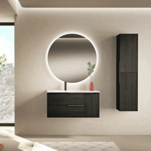 Conjunto mueble de baño suspendido Vulcano con lavabo porcelanico desplazado