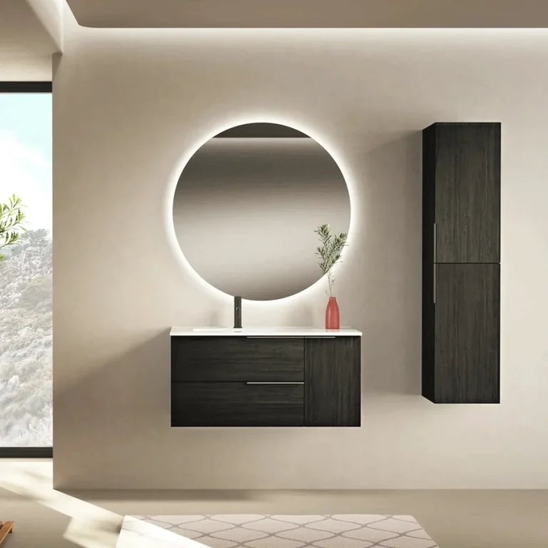 Conjunto mueble de baño suspendido Vulcano con lavabo porcelanico desplazado, en negro con espejo redondo iluminado y columna