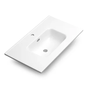 Conjunto de mueble de baño suspendido Cairo dos cajones con lavabo porcelanico Onix, detalle del lavabo en blanco