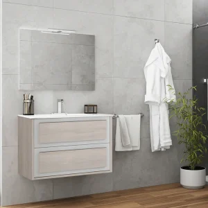 Conjunto de mueble suspendido Oregon con lavabo de porcelana, en blanco, ambientado en baño, vista 3