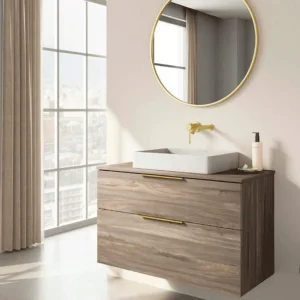 Conjunto de mueble de baño suspendido Plutón con tapa de melamina, en madera, ambientado en baño