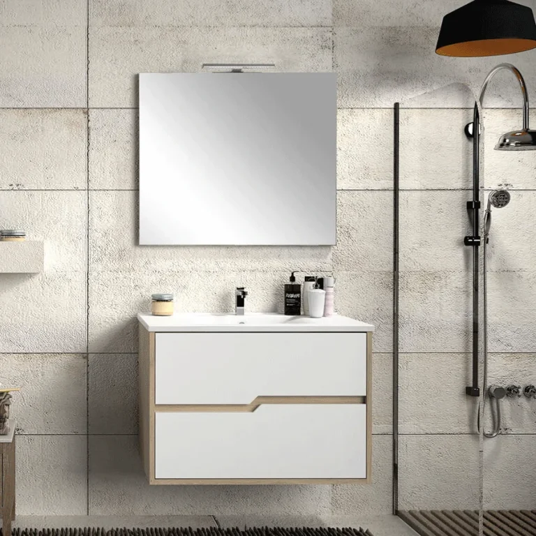 Conjunto de mueble suspendido Texas dos cajones con lavabo porcelanico, en blanco con espejo