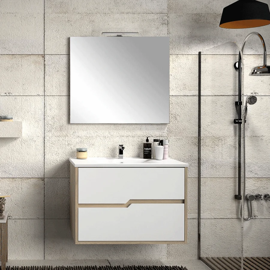 Conjunto de mueble suspendido Texas dos cajones con lavabo porcelanico, en blanco con espejo