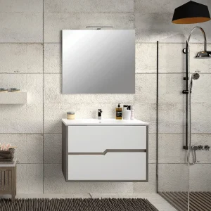 Conjunto de mueble suspendido Texas dos cajones con lavabo porcelanico, en blanco, ambientado en baño