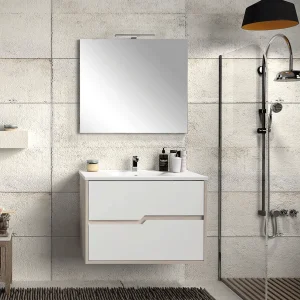 Conjunto de mueble suspendido Texas dos cajones con lavabo porcelanico, en blanco, ambientado en baño, vista 3