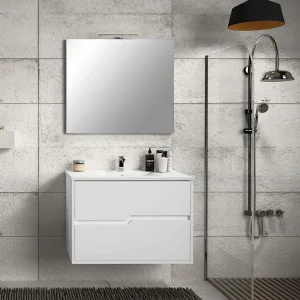Conjunto de mueble suspendido Texas dos cajones con lavabo porcelanico, en blanco, ambientado en baño, vista 4