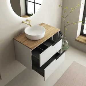 Conjunto mueble de baño Vulcano dos cajones suspendido, con cajón abierto en blanco