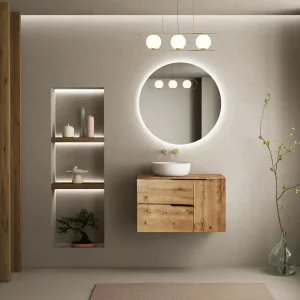 Conjunto mueble de baño Vulcano dos cajones suspendido, en madera, ambientado en baño