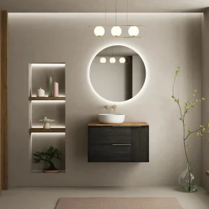 Conjunto mueble de baño Vulcano dos cajones suspendido, en negro con espejo redondo iluminado