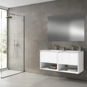 Mueble de baño suspendido Yera 120 cm con doble lavabo porcelánico, en blanco, ambientado en baño