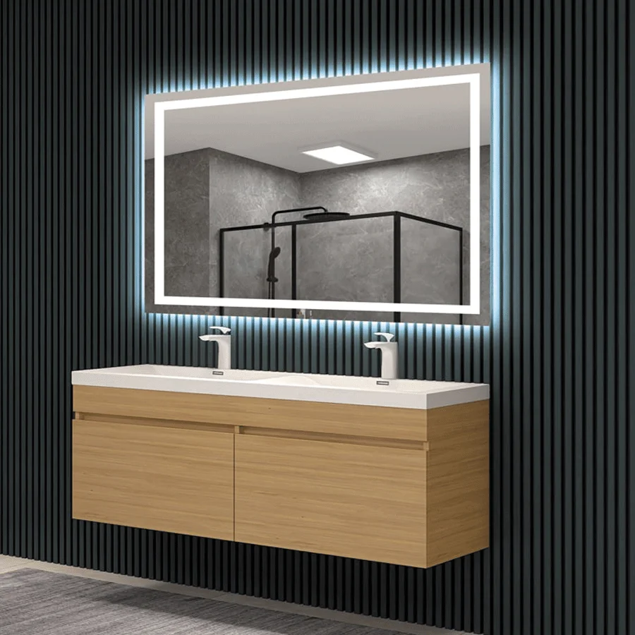 Espejo de baño Holanda cuadrado con luz LED frontal fría y antivaho, sobre mueble de madera con doble lavabo