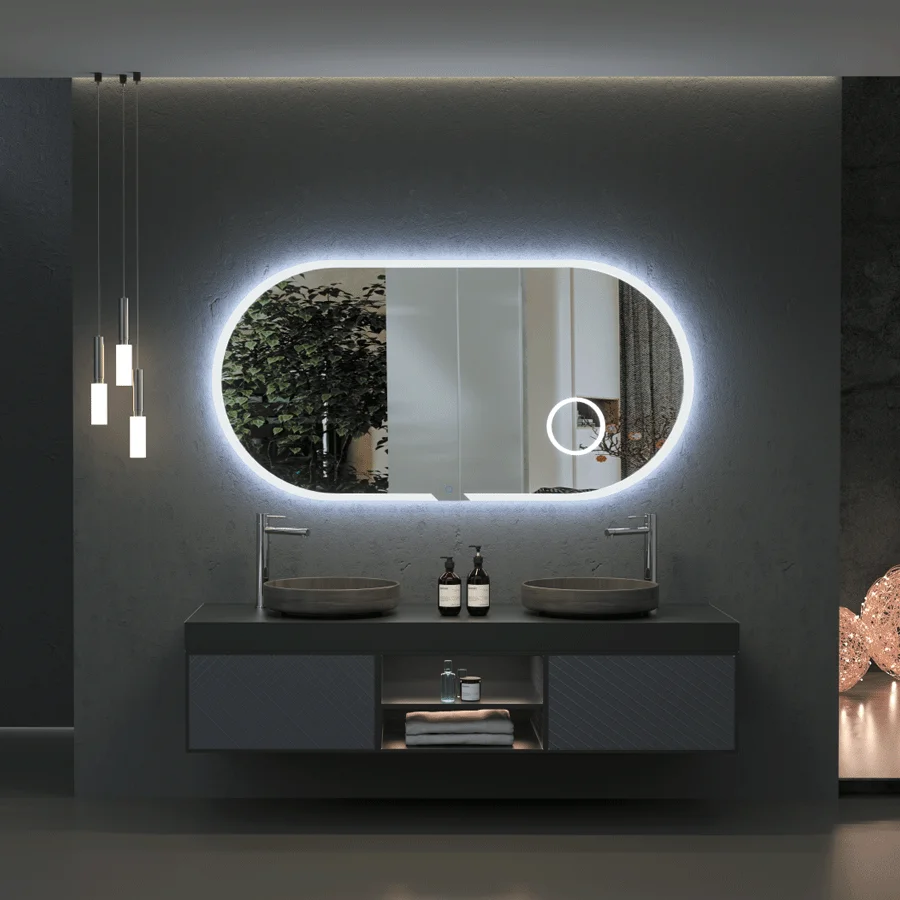 Espejo de baño Indiana elíptico con luz LED fría, espejo aumento x3 y antivaho, sobre mueble negro