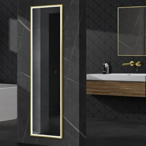 Espejo de baño New York rectangular con luz LED Triled y marco negro u oro cepillado, ambientado en baño