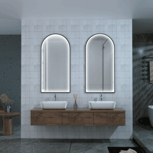 Espejo de baño Roma tipo capilla con luz LED perimetral y marco negro mate